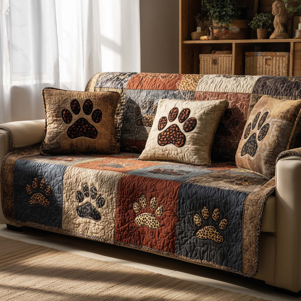 Paw Prints on Rust and Grey Flannel Sofa Cover