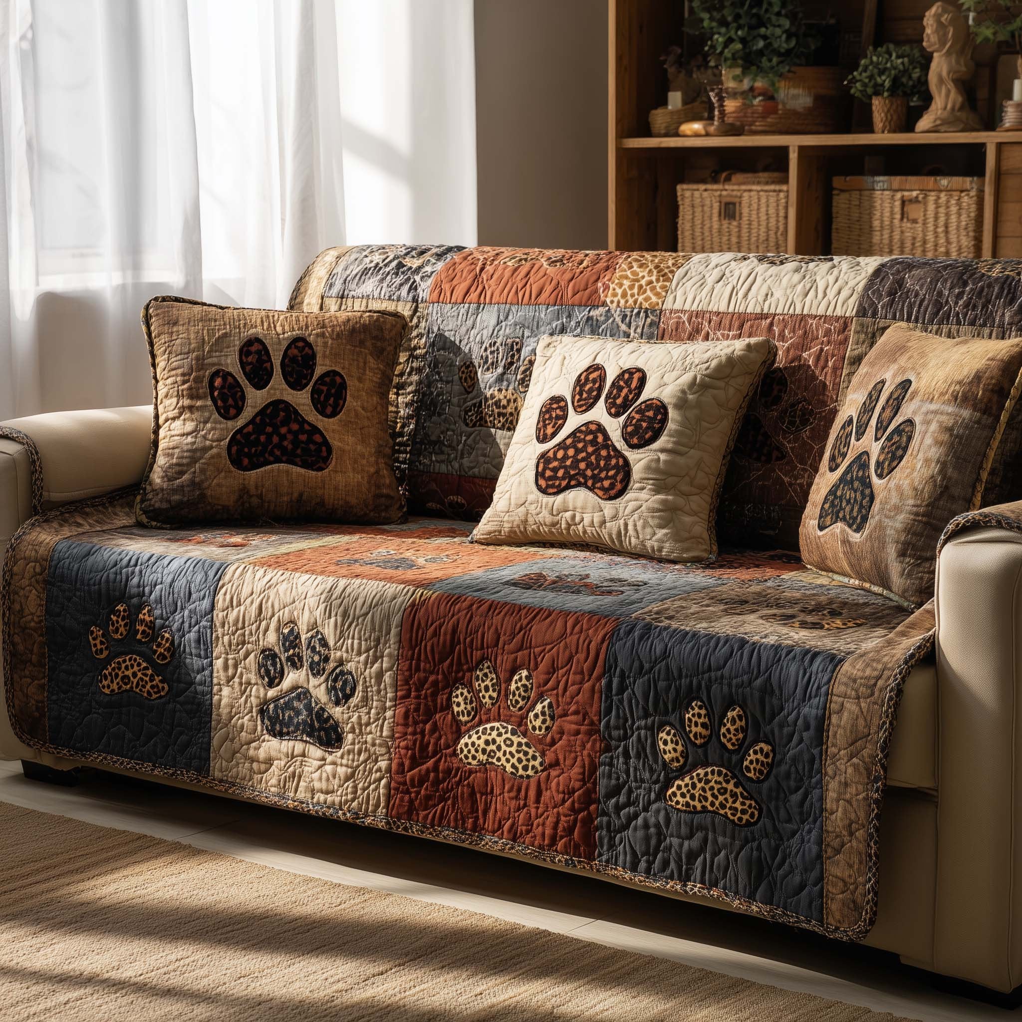 Paw Prints on Rust and Grey Flannel Sofa Cover