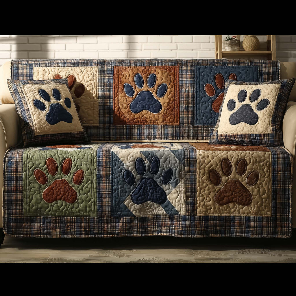 Paw Prints on Olive and Copper Squares Sofa Cover
