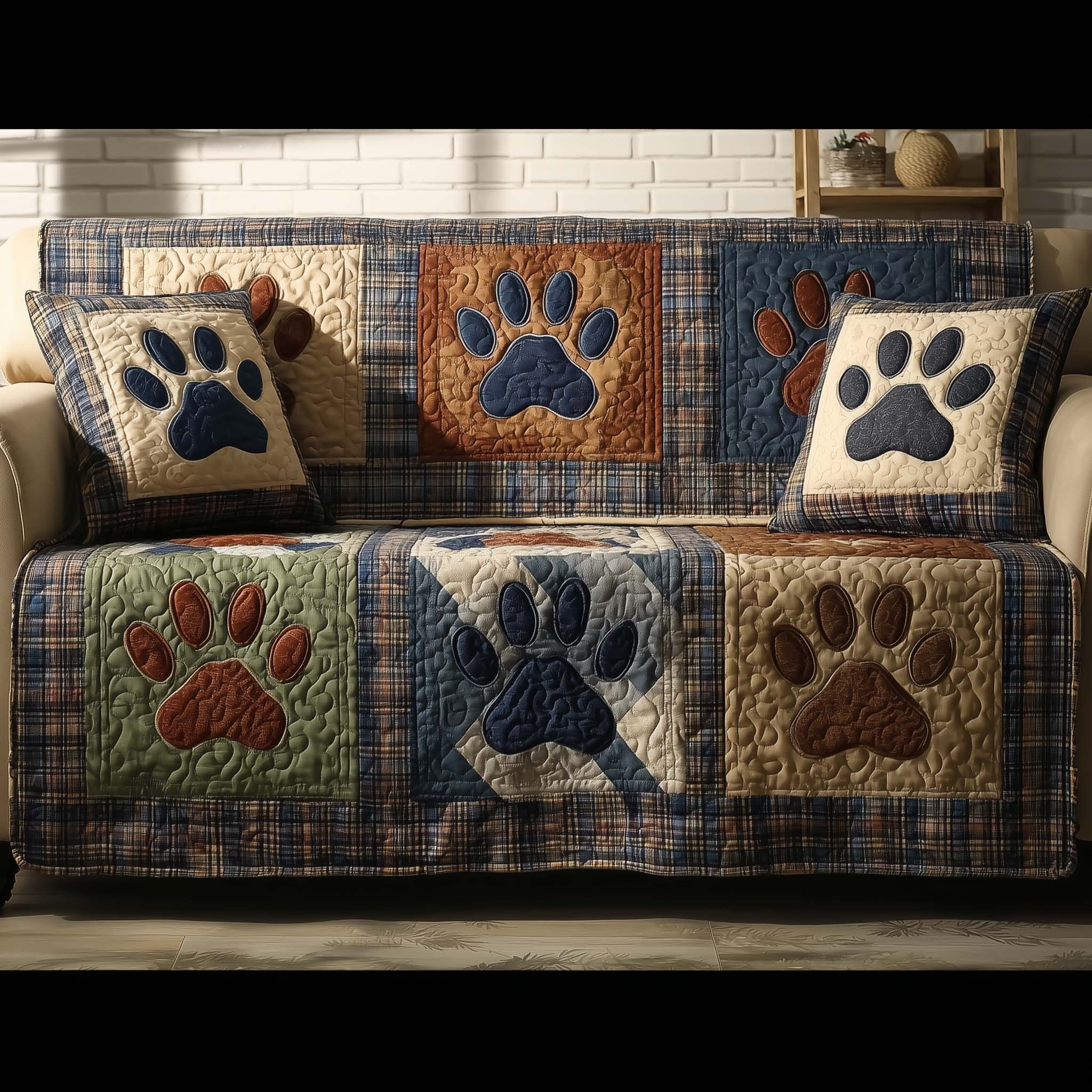 Paw Prints on Olive and Copper Squares Sofa Cover