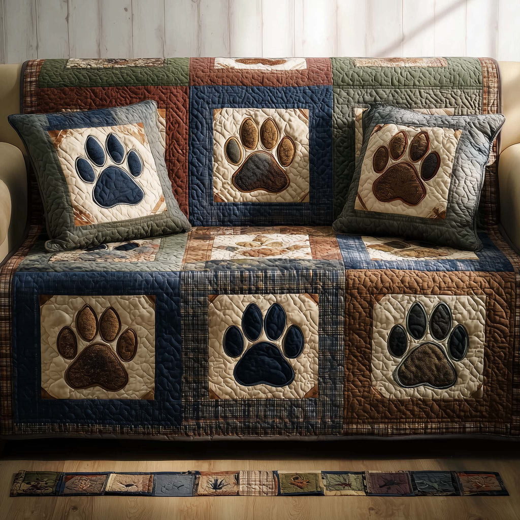 Paw Prints on Navy Tan and Cream Sofa Cover
