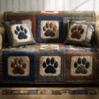 Paw Prints on Navy Tan and Cream Sofa Cover