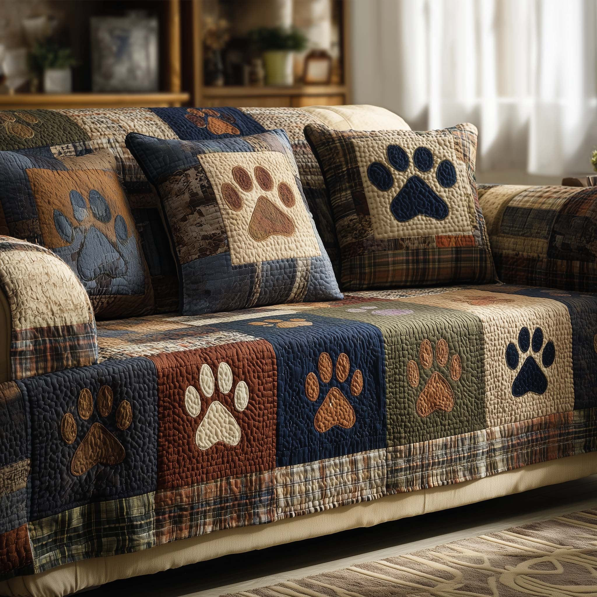 Paw Prints on Rust Blue and Ivory Plaid Sofa Cover
