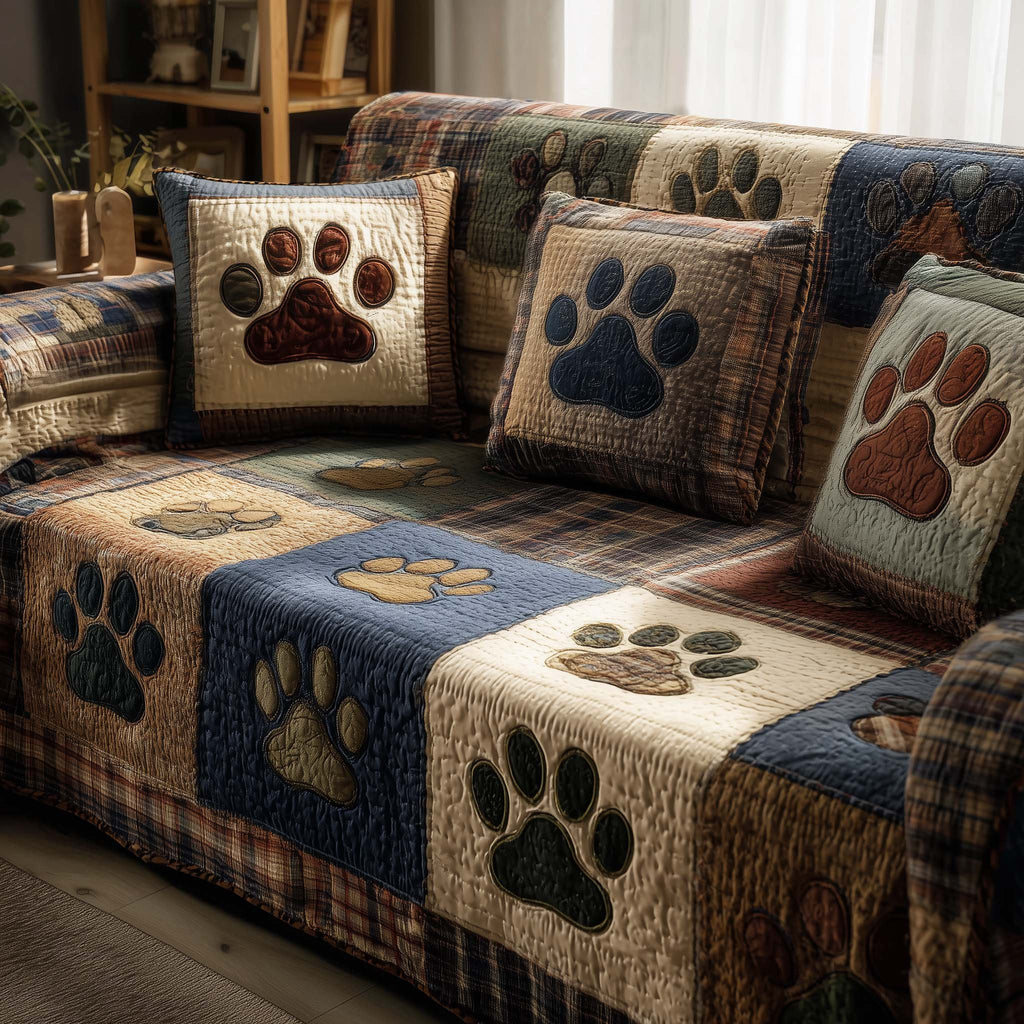 Paw Prints on Cream and Sage Bands Sofa Cover
