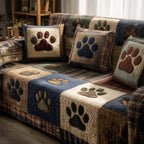 Paw Prints on Cream and Sage Bands Sofa Cover