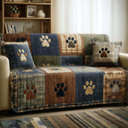 Paw Prints on Blue Green and Camel Plaid Sofa Cover