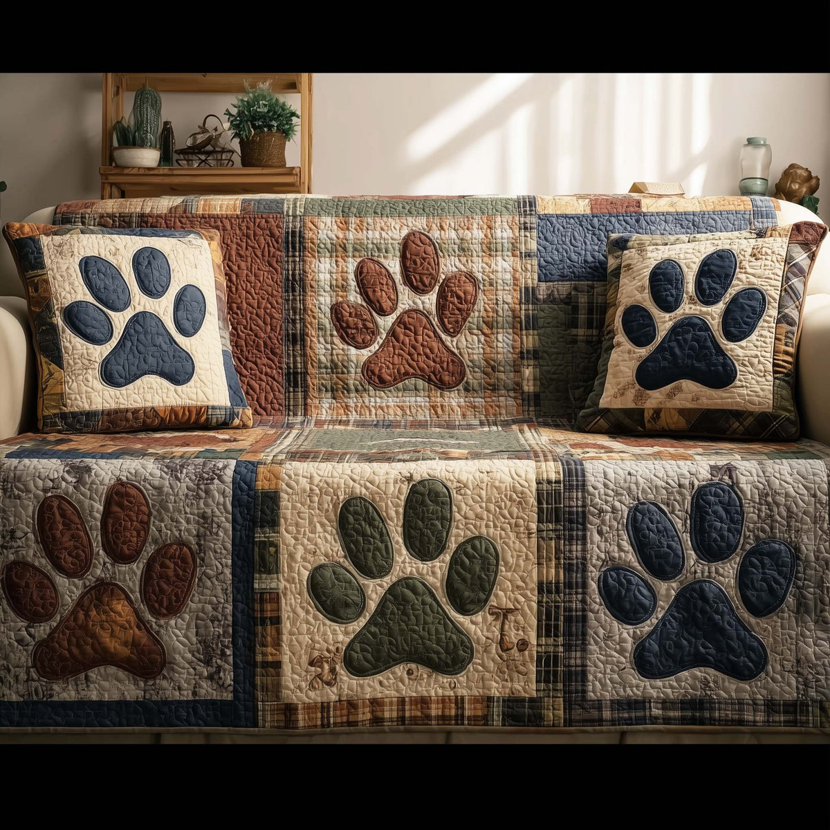Paw Prints on Brick Blue and Wheat Sofa Cover
