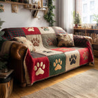 Paw Prints on Red and Green with Cream Sofa Cover