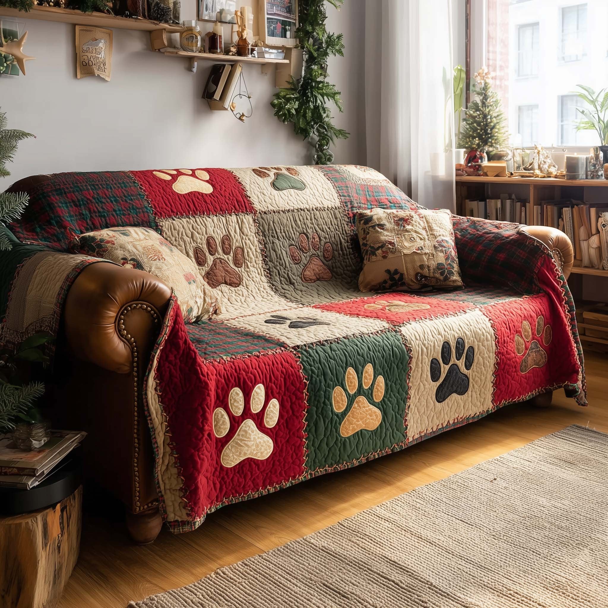 Paw Prints on Red and Green with Cream Sofa Cover