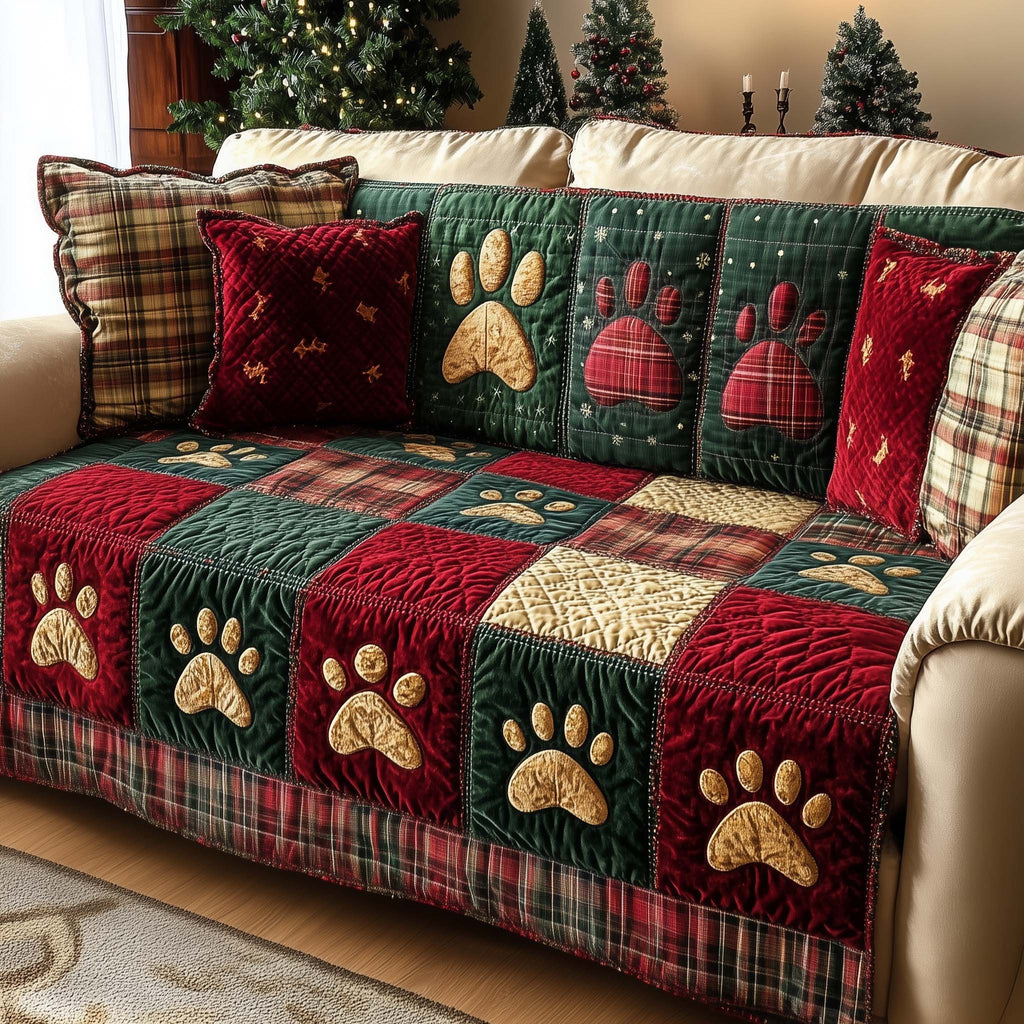 Paw Prints on Red Green and Gold Plaid Sofa Cover