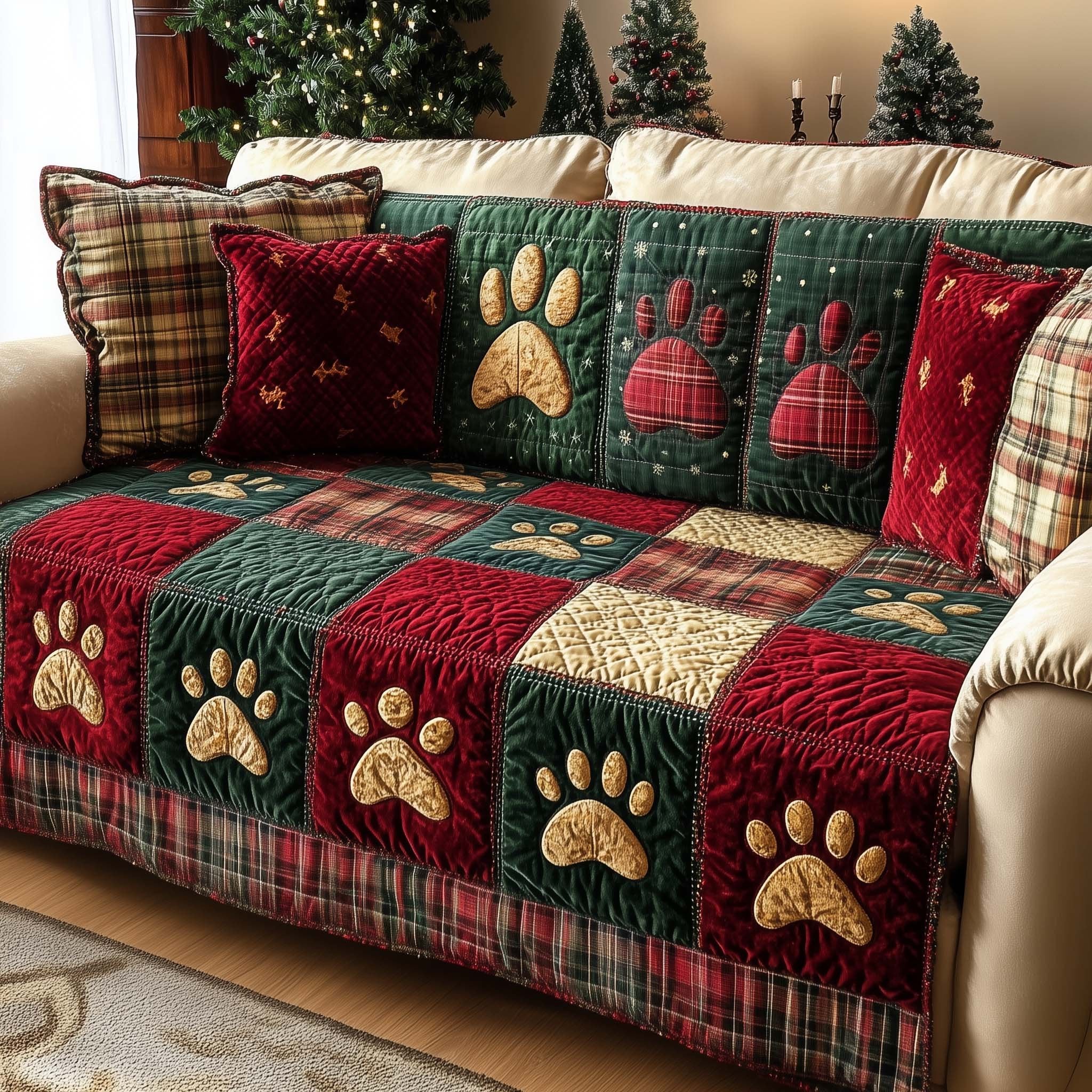 Paw Prints on Red Green and Gold Plaid Sofa Cover