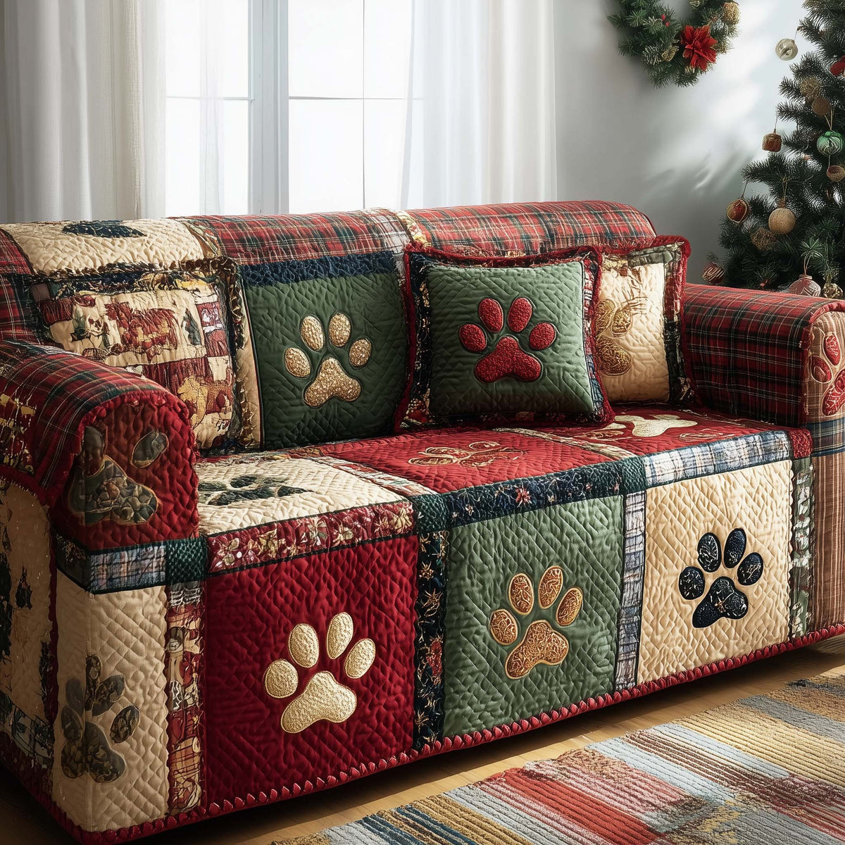 Paw Prints on Holiday Red and Green Check Sofa Cover