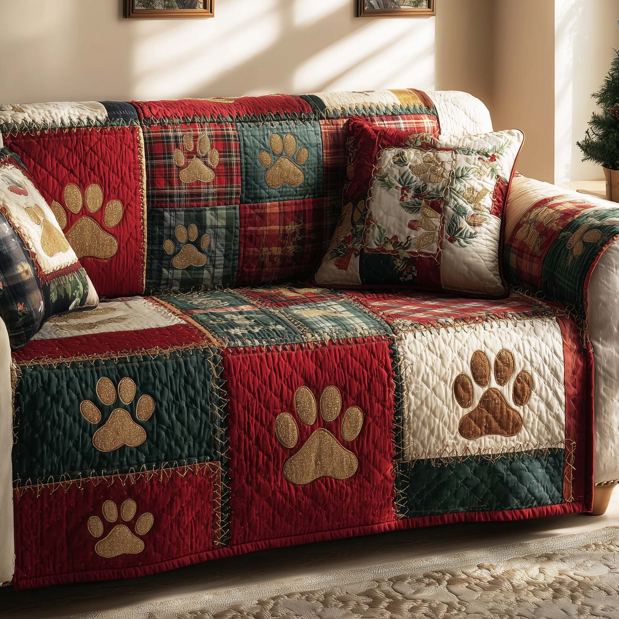 Paw Prints on Crimson and Pine Squares Sofa Cover
