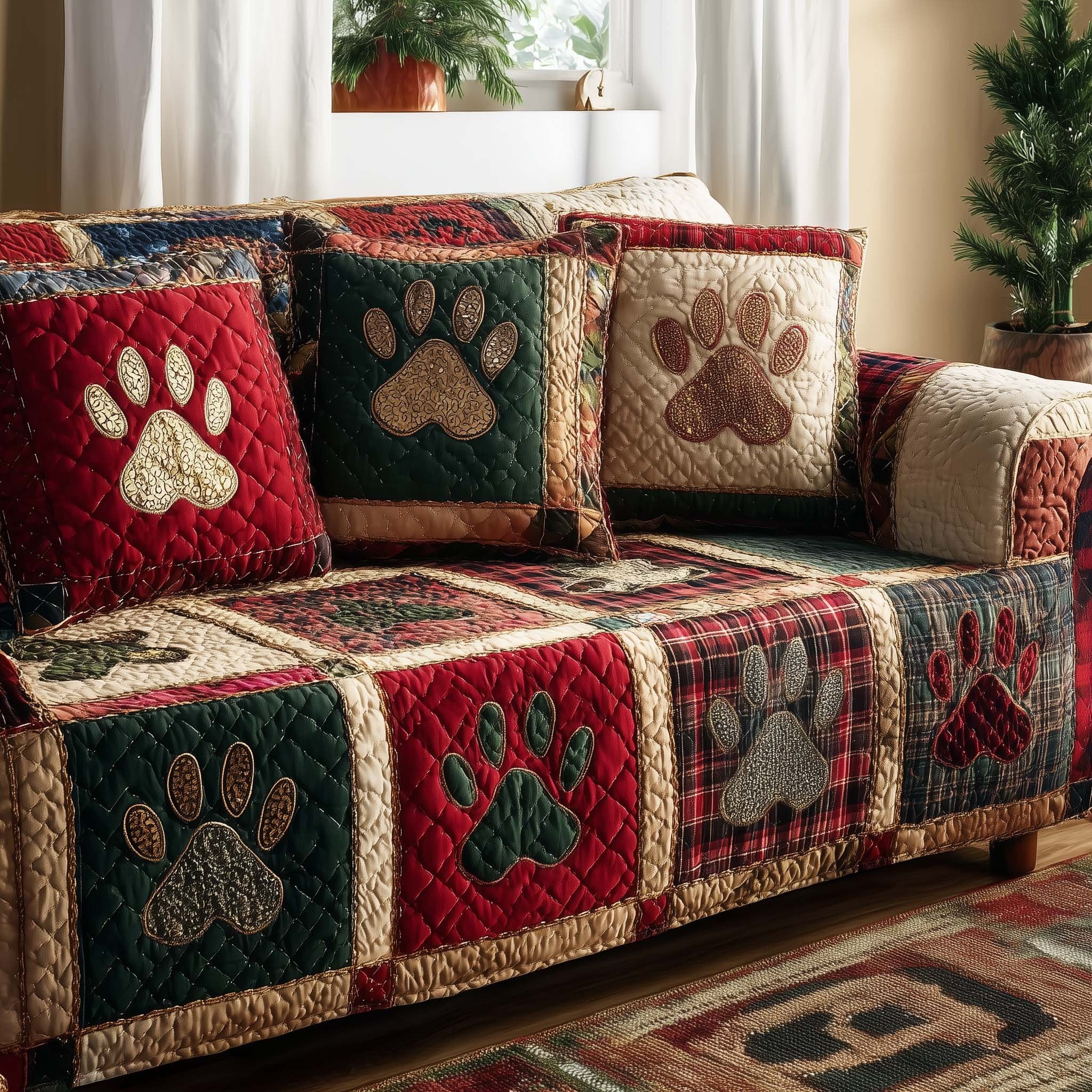 Paw Prints on Red Green and Stone Blocks Sofa Cover