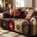 Paw Prints on Red Cream and Forest Panels Sofa Cover