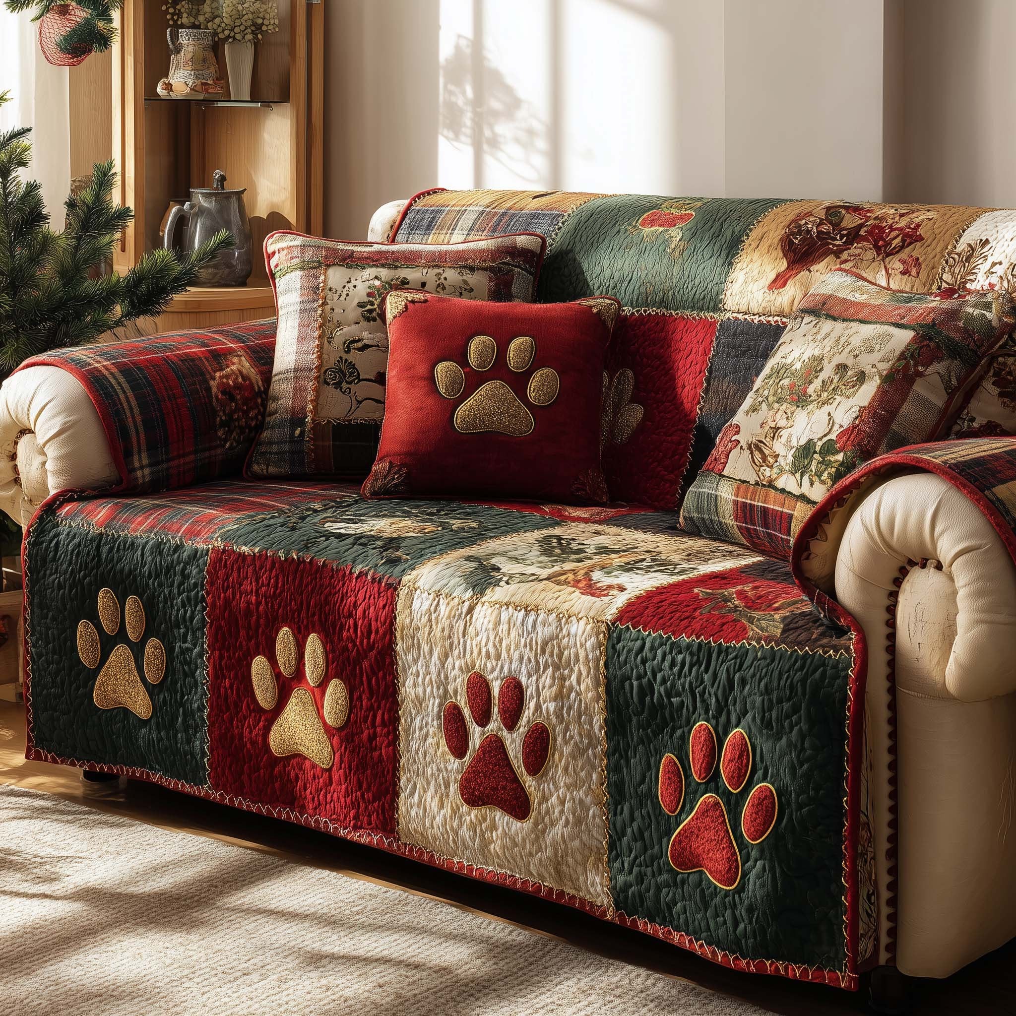 Paw Prints on Red Cream and Forest Panels Sofa Cover