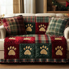 Gold Paw Prints on Red and Green Plaid Sofa Cover