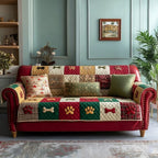 Bones and Paws on Red and Green Blocks Sofa Cover