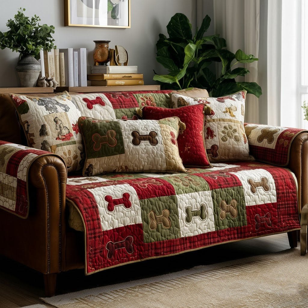 Bones and Paws on Red Cream and Pine Sofa Cover