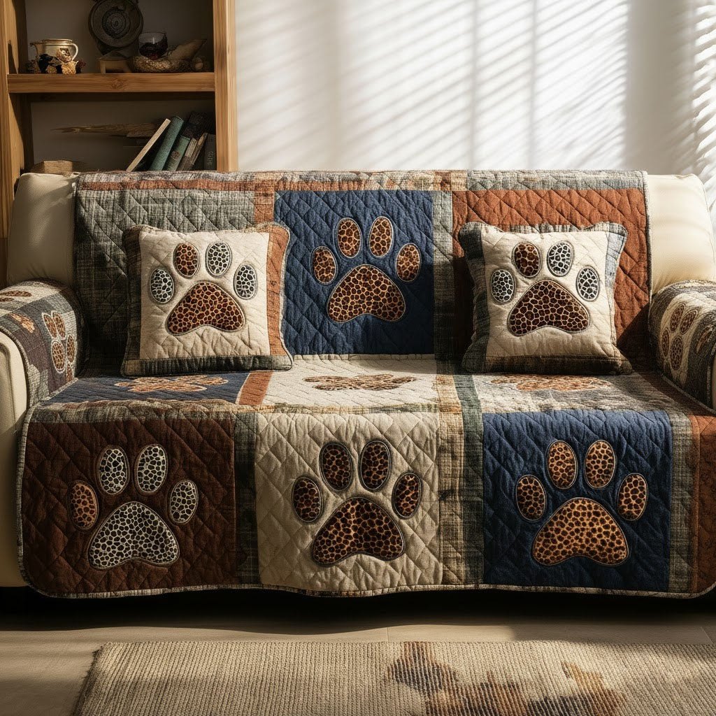 Paw Prints on Blue Brown and Sand Sofa Cover