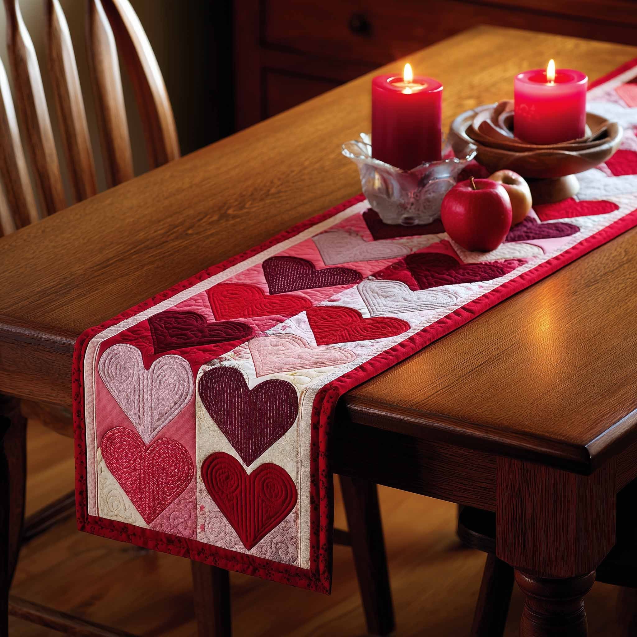 Red Hearts on Pink Patchwork Table Runner