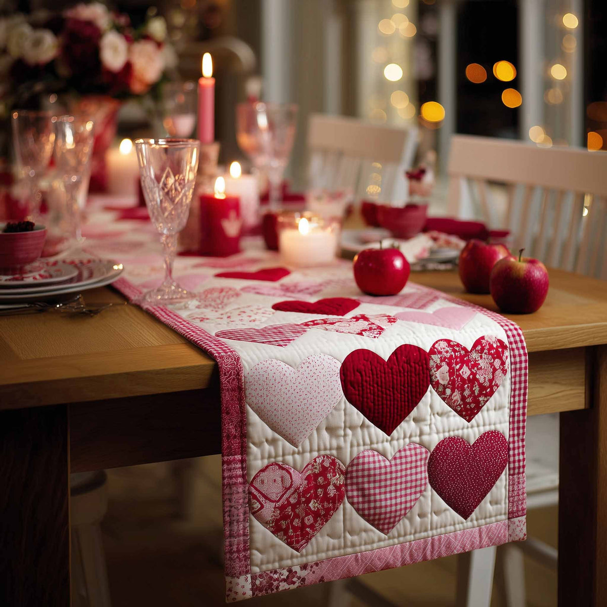Red Hearts on White Quilt Blocks Table Runner