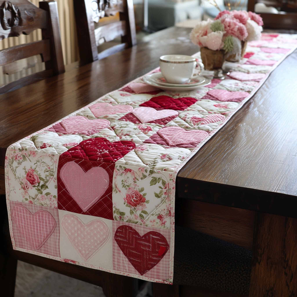 Hearts in Pink Floral Squares Table Runner