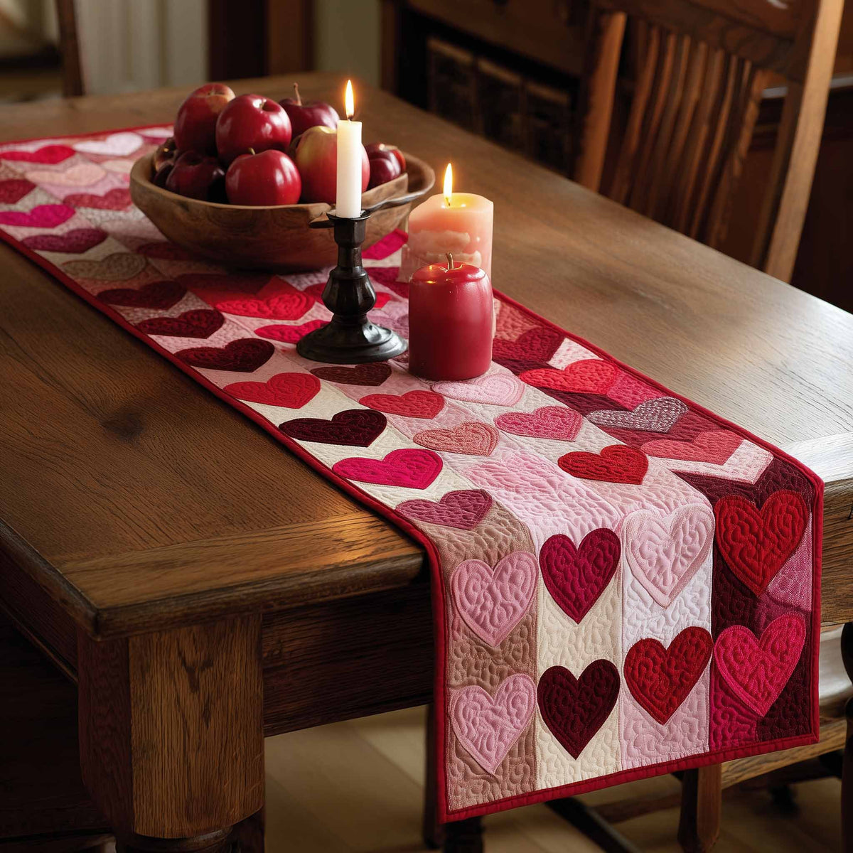 Rose Hearts in Checkered Blocks Table Runner