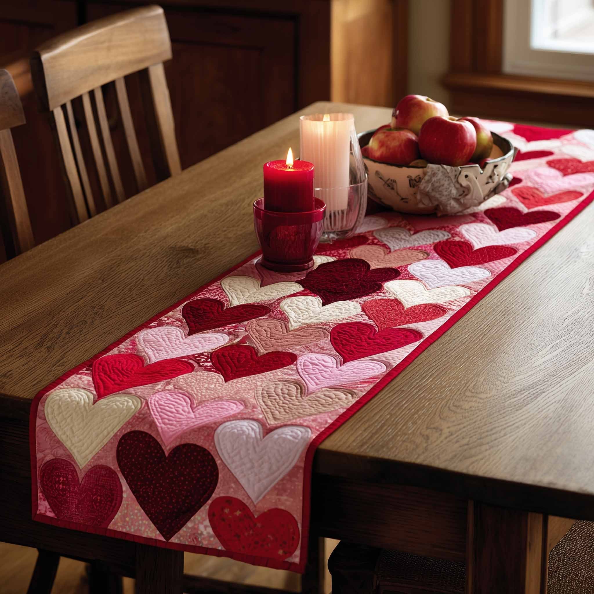 Crimson Hearts on Pink Squares Table Runner
