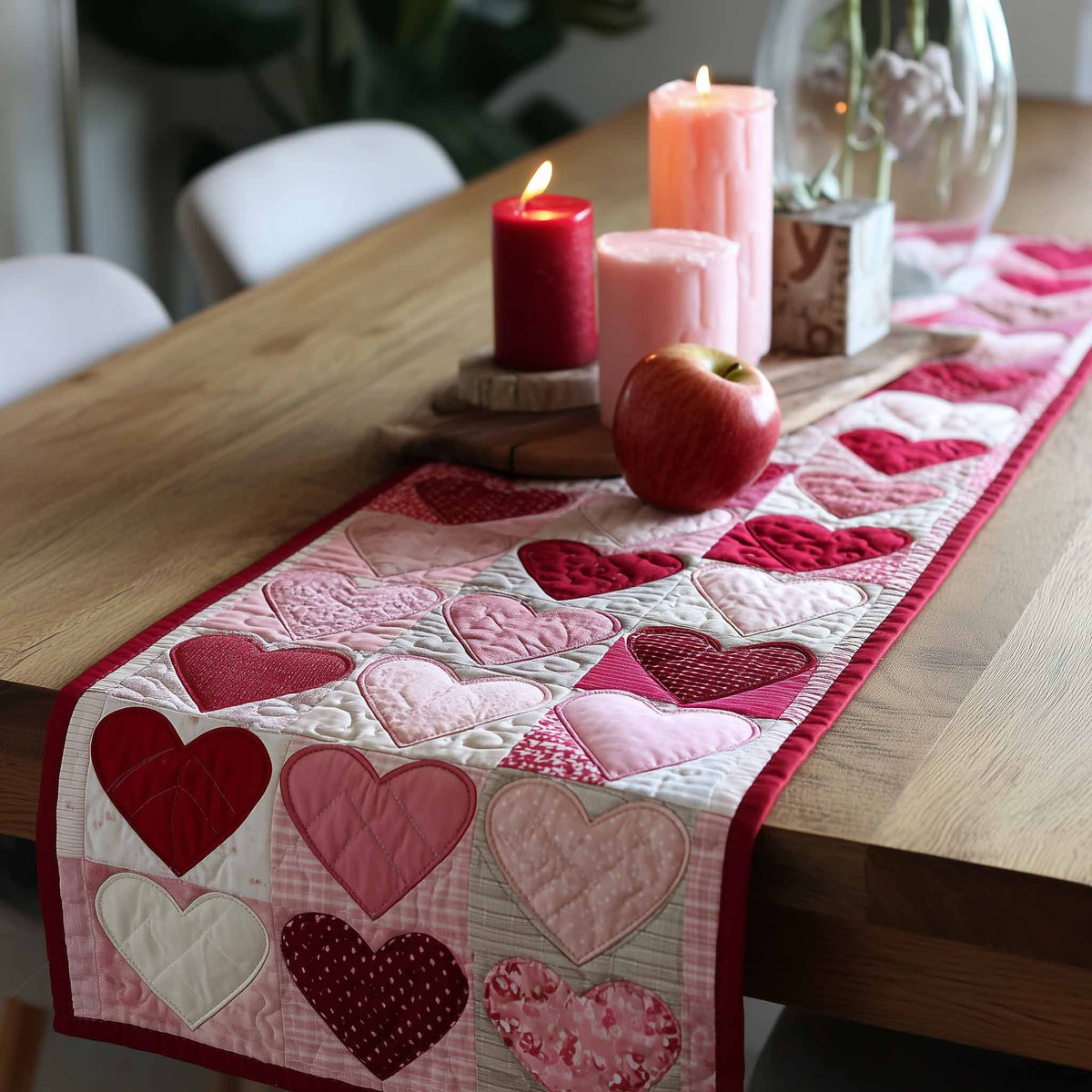 Blush Hearts in Quilted Squares Table Runner