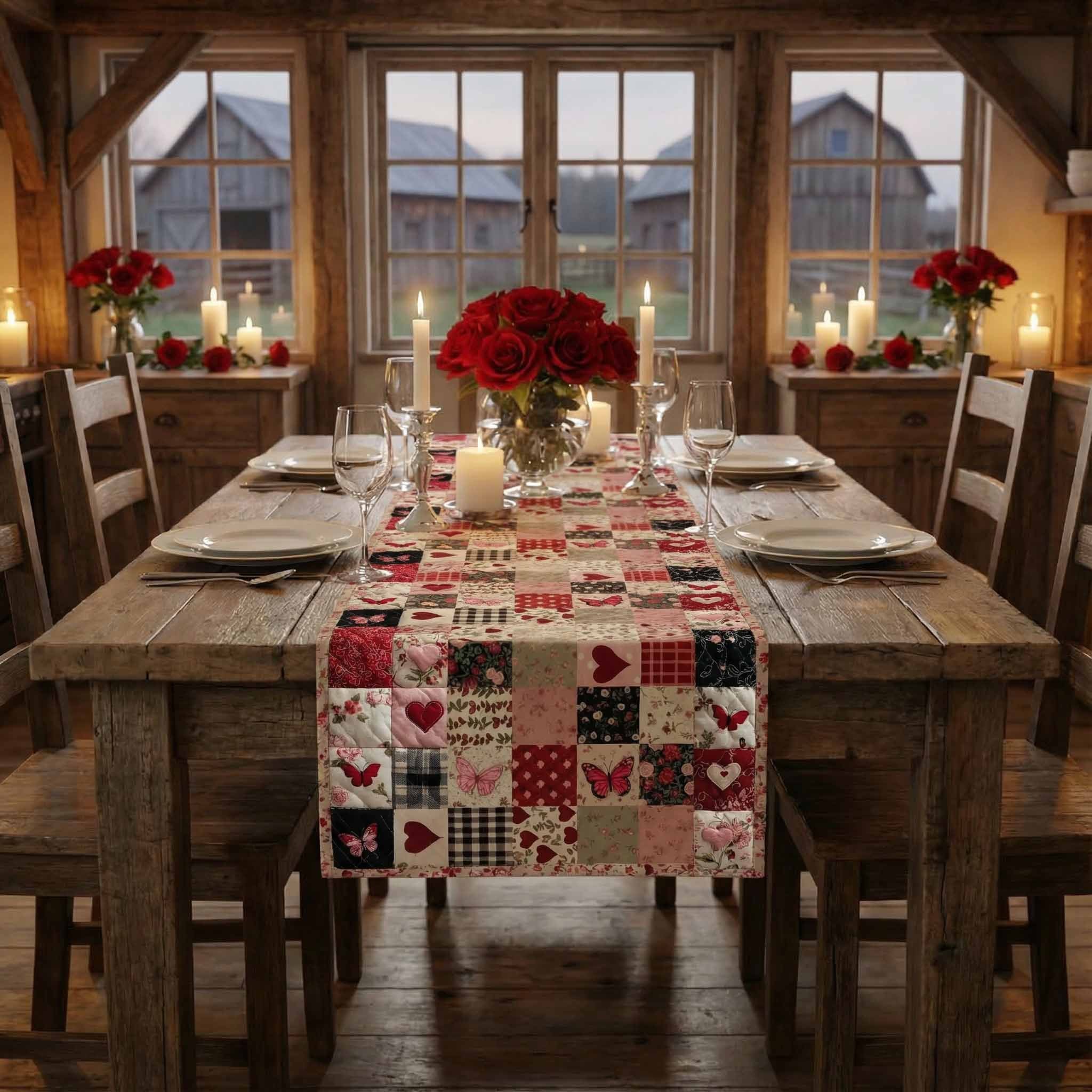 Valentine Heart Patchwork Squares Table Runner