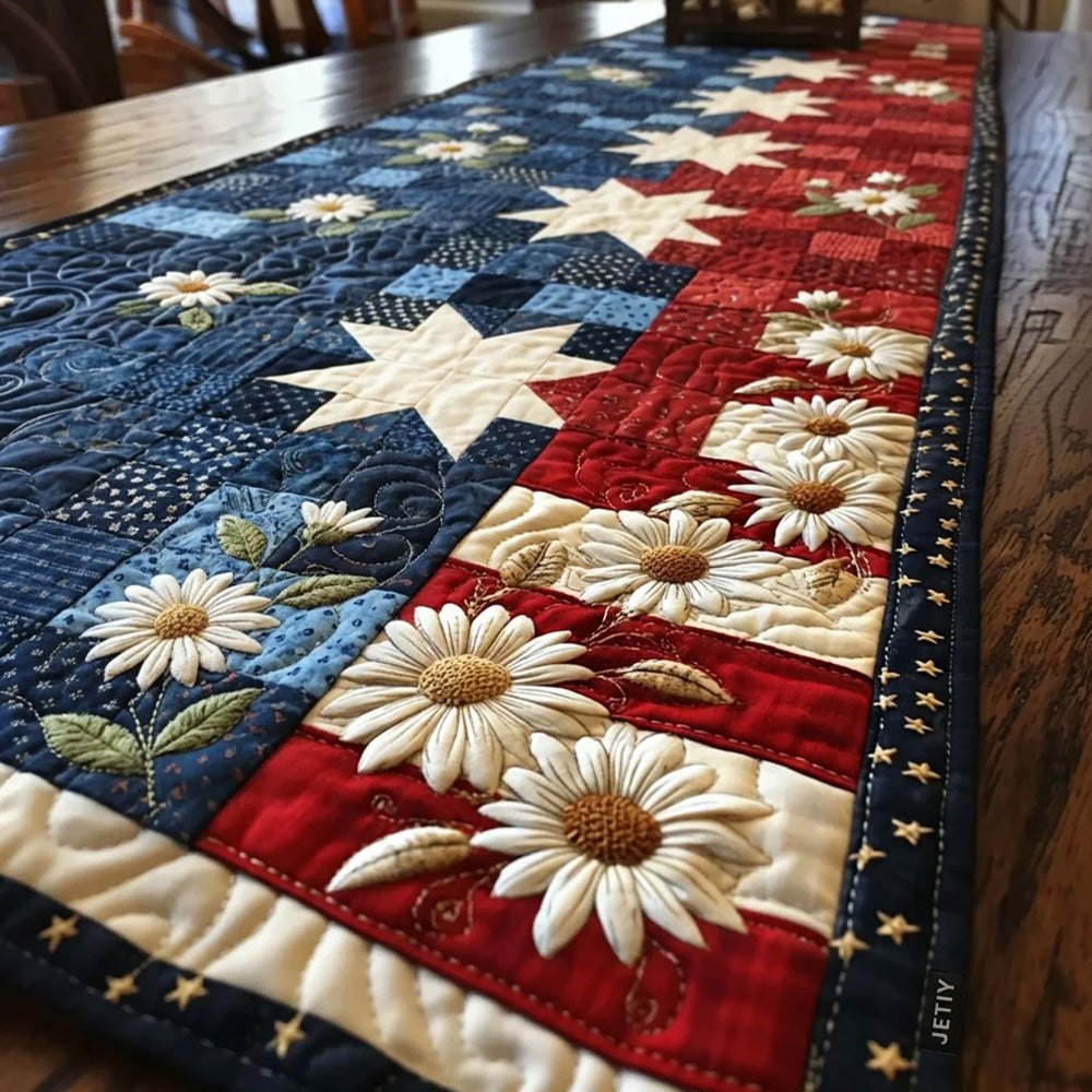 White Daisies on Flag Quilt Blocks Table Runner
