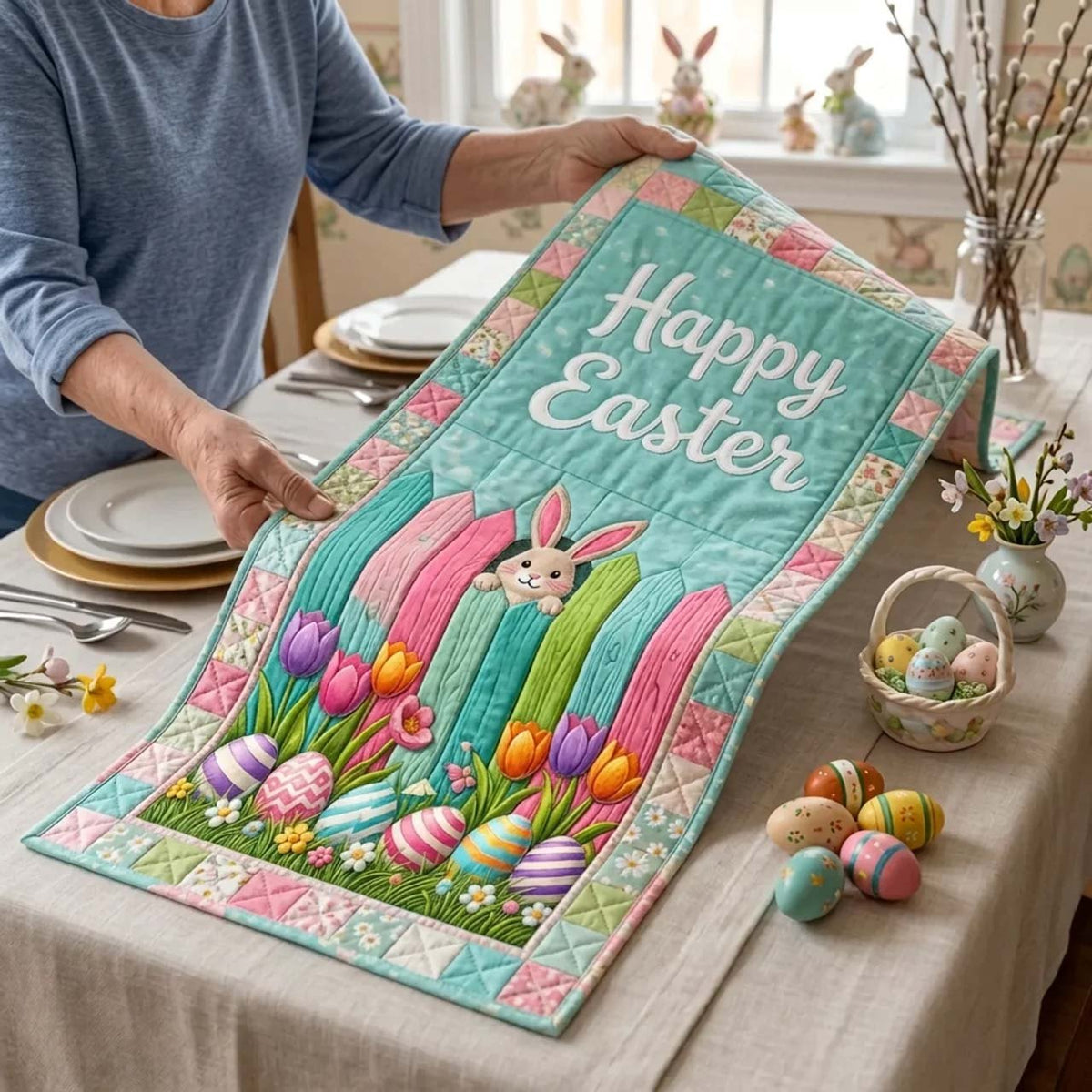 Happy Easter Bunnies with Tulips Table Runner
