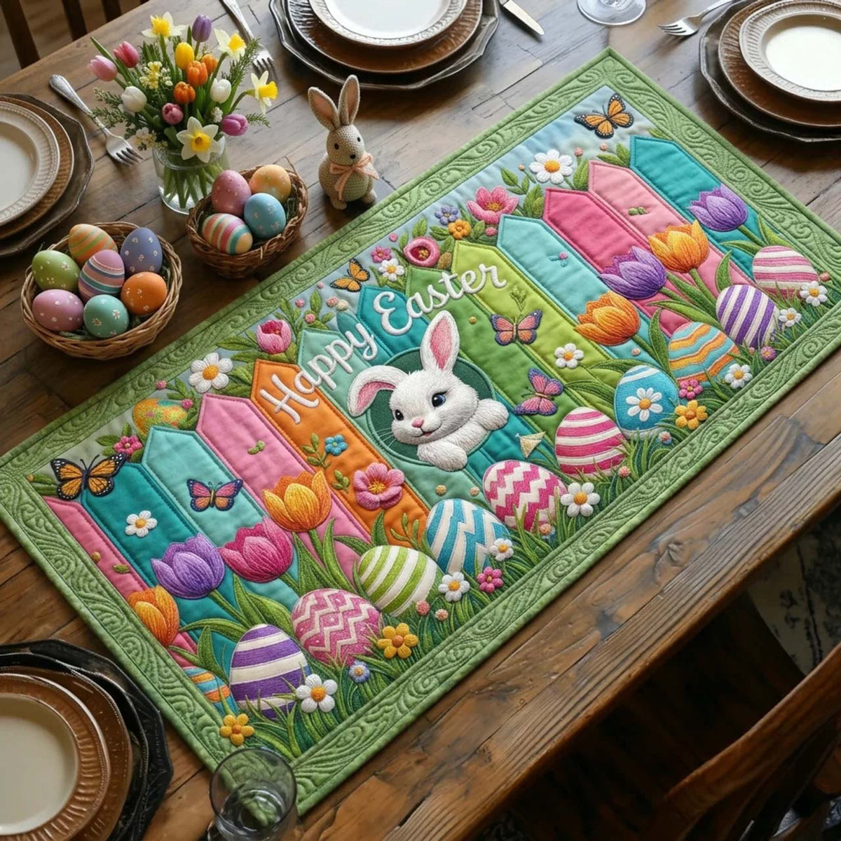 Happy Easter Bunny in Spring Garden Table Runner