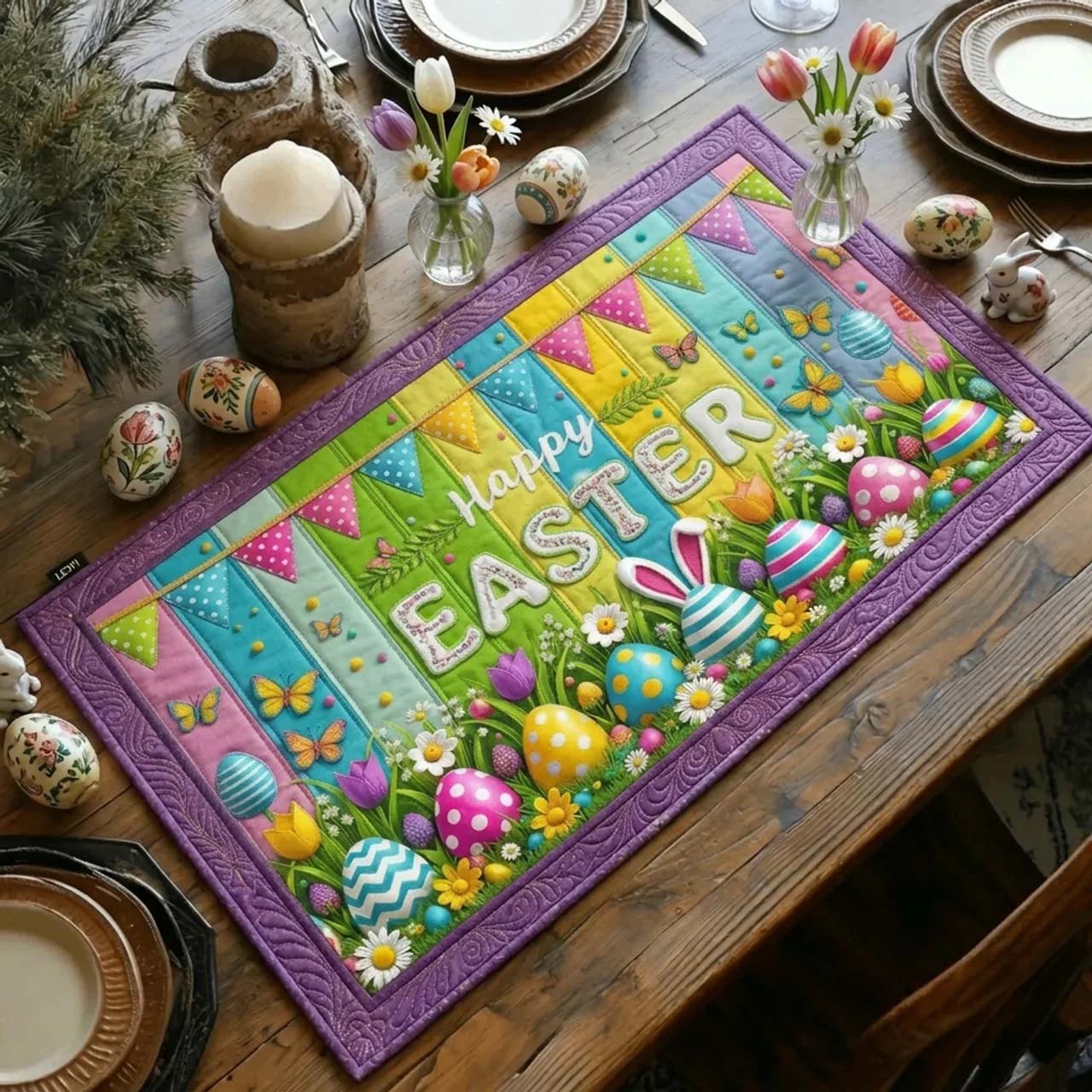 Happy Easter Eggs on Green Meadow Table Runner