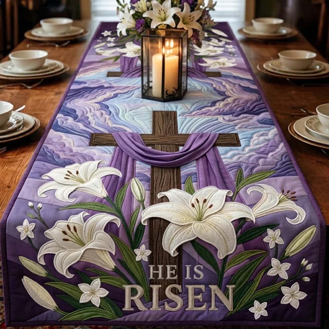 He Is Risen with White Lilies Table Runner