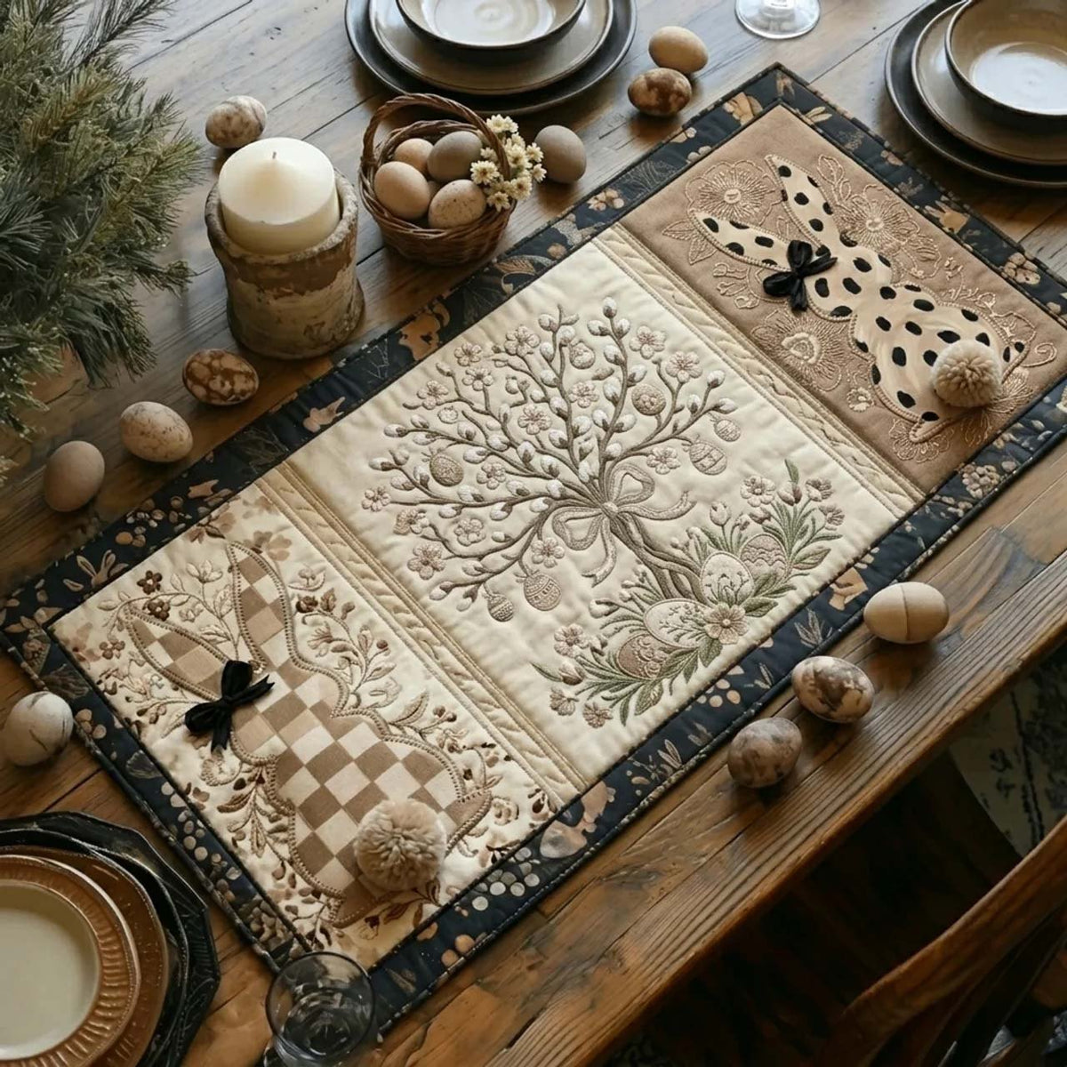 Beige Tree and Bunny Blocks Table Runner