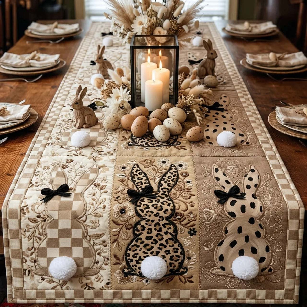 Spotted Bunnies on Beige Blocks Table Runner