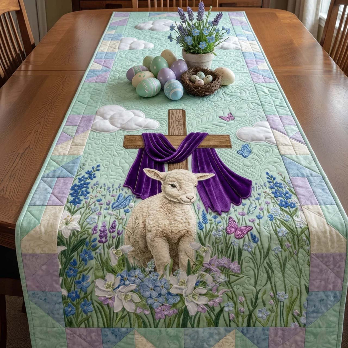 Lamb by Cross Draped in Purple Table Runner