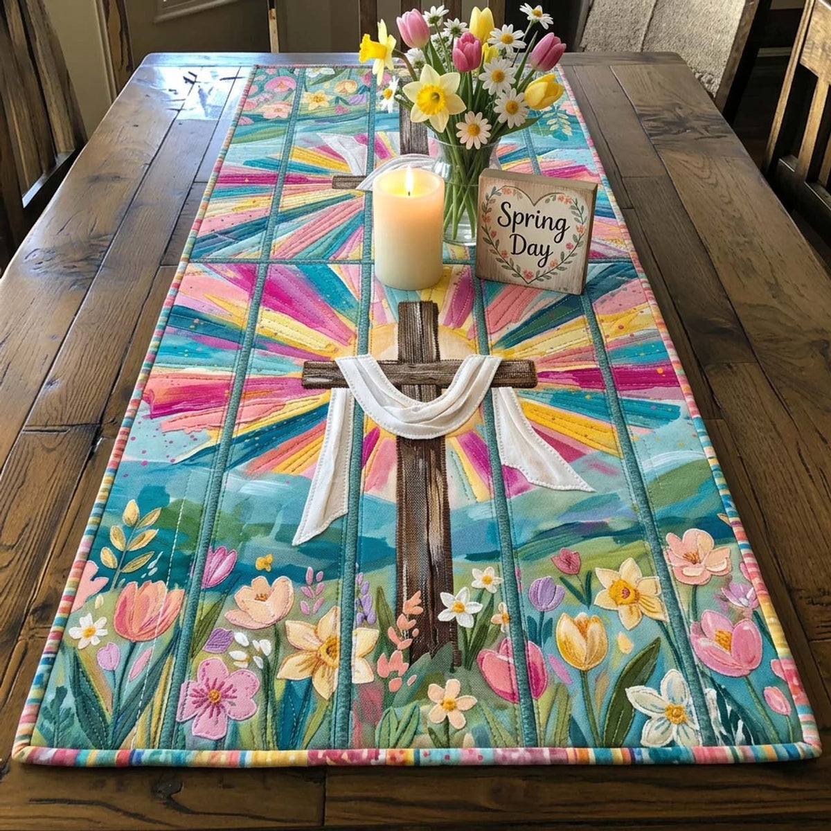 Cross with White Cloth and Spring Flowers Table Runner