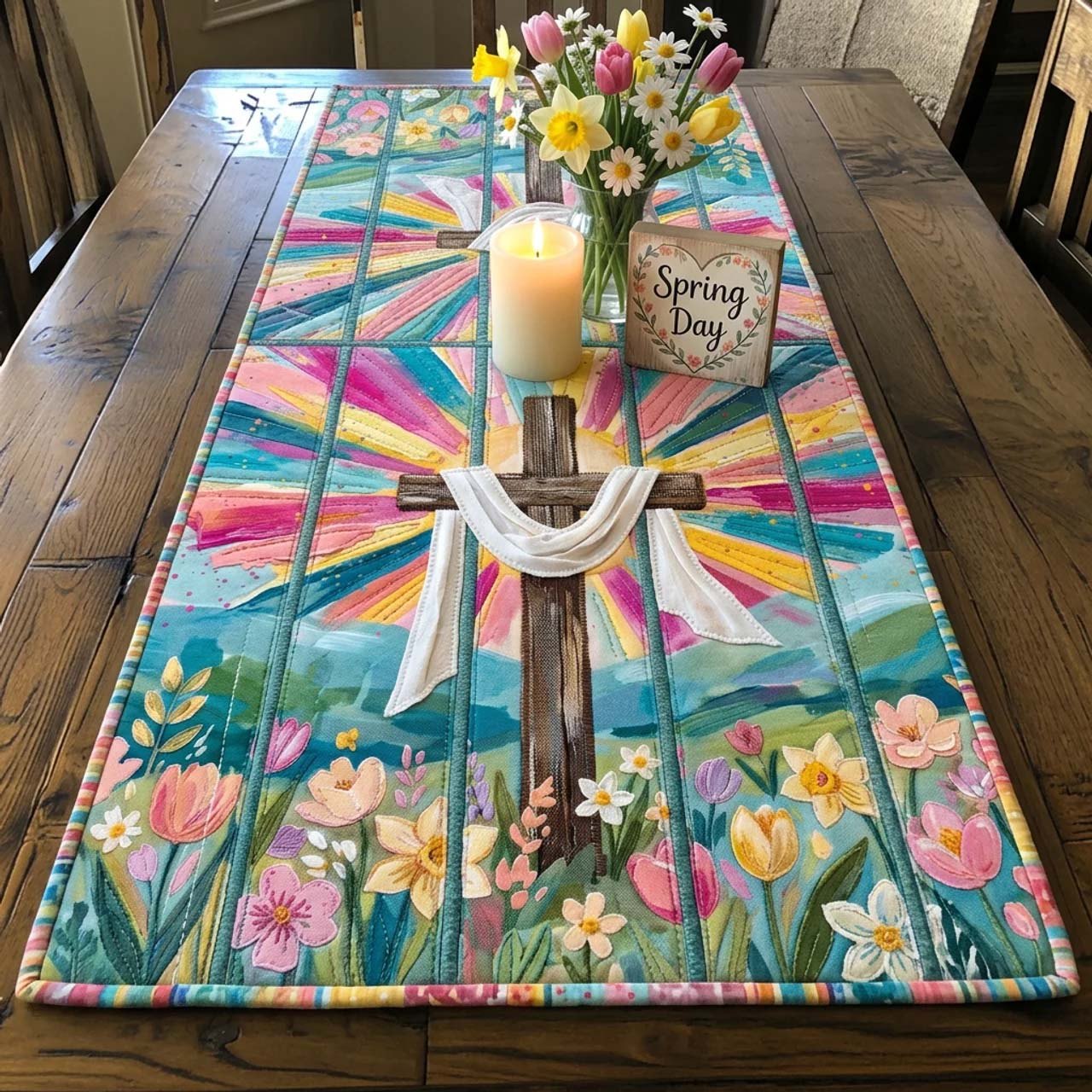 Cross with White Cloth and Spring Flowers Table Runner