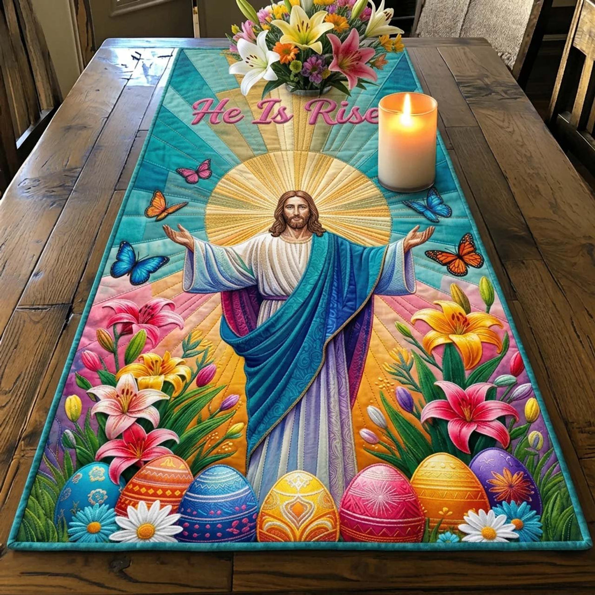 Christ with Butterflies and Easter Eggs Table Runner