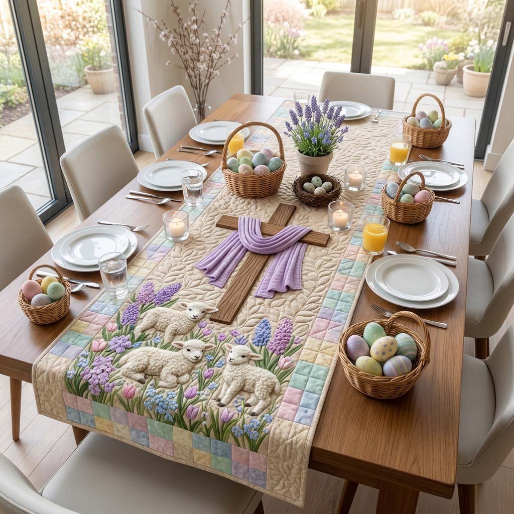 Crosses with Lambs and Lavender Table Runner