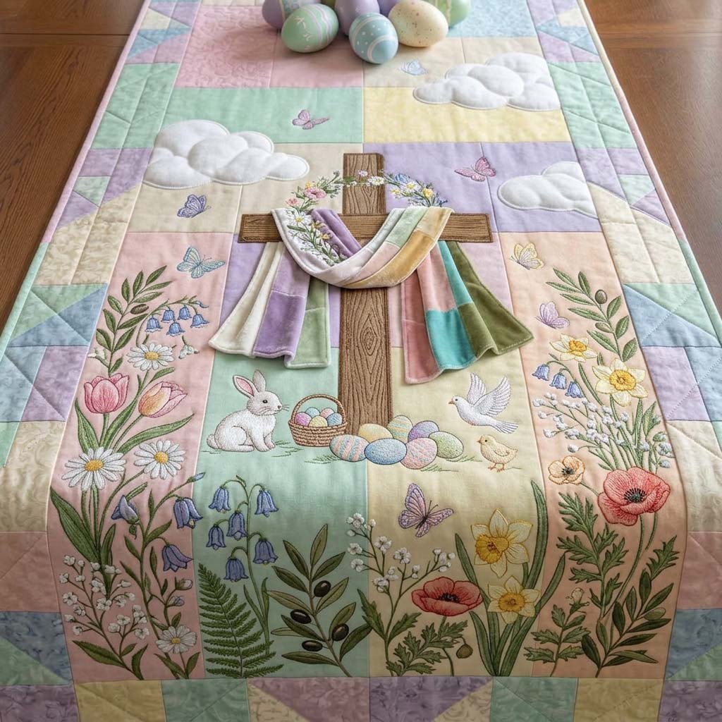 Pastel Cross with Bunny and Eggs Table Runner
