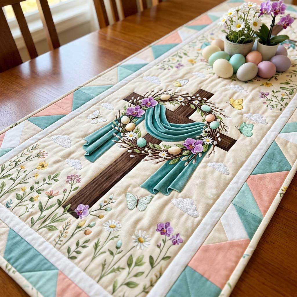 Cross with Teal Drape and Wreath Table Runner