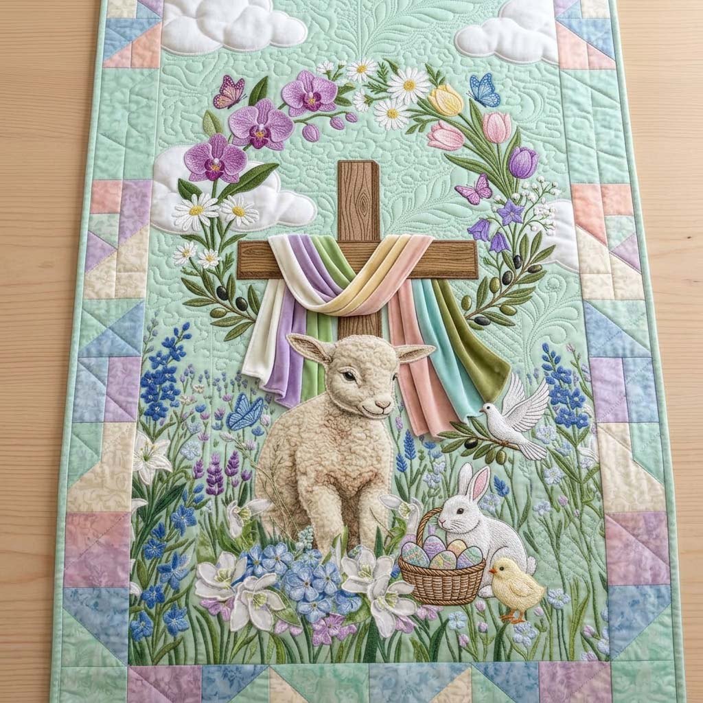 Cross with Lamb and Rainbow Table Runner