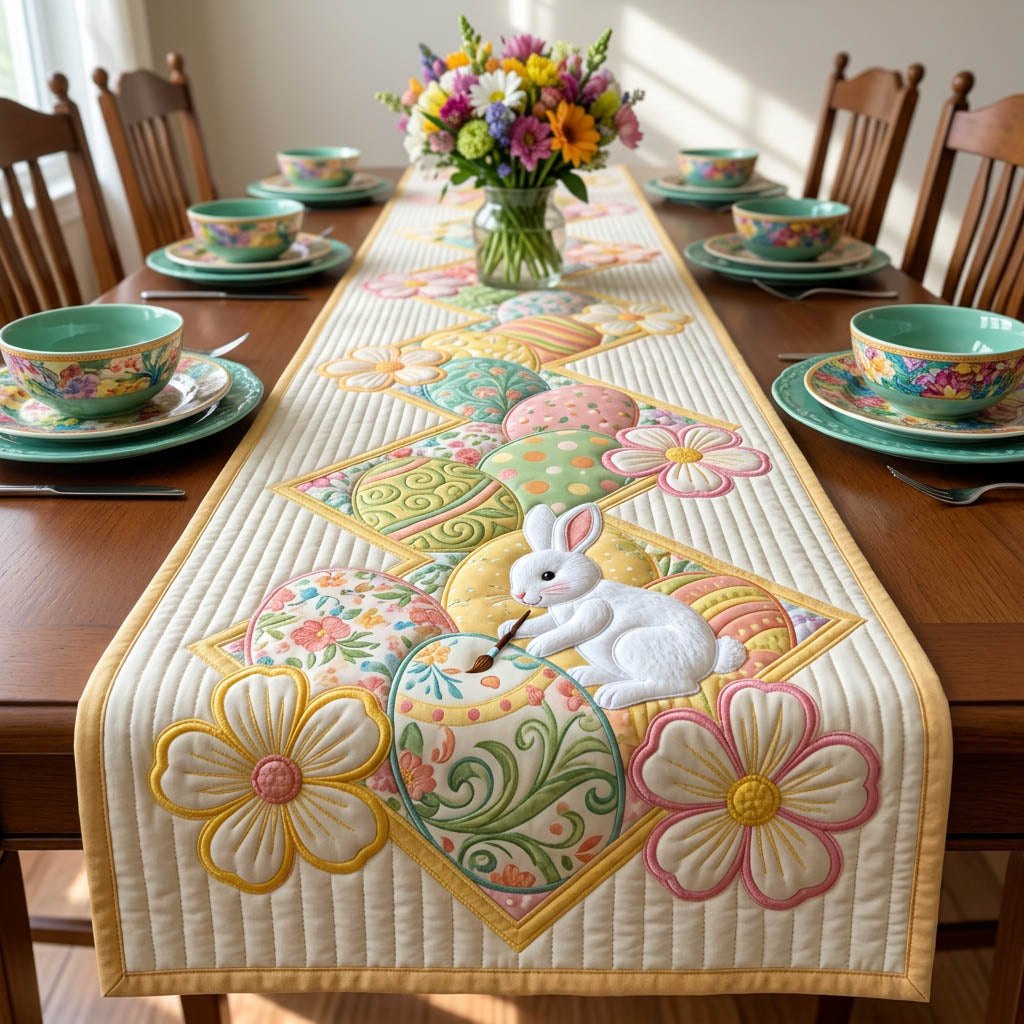 Bunny Among Oversized Pastel Flowers Table Runner