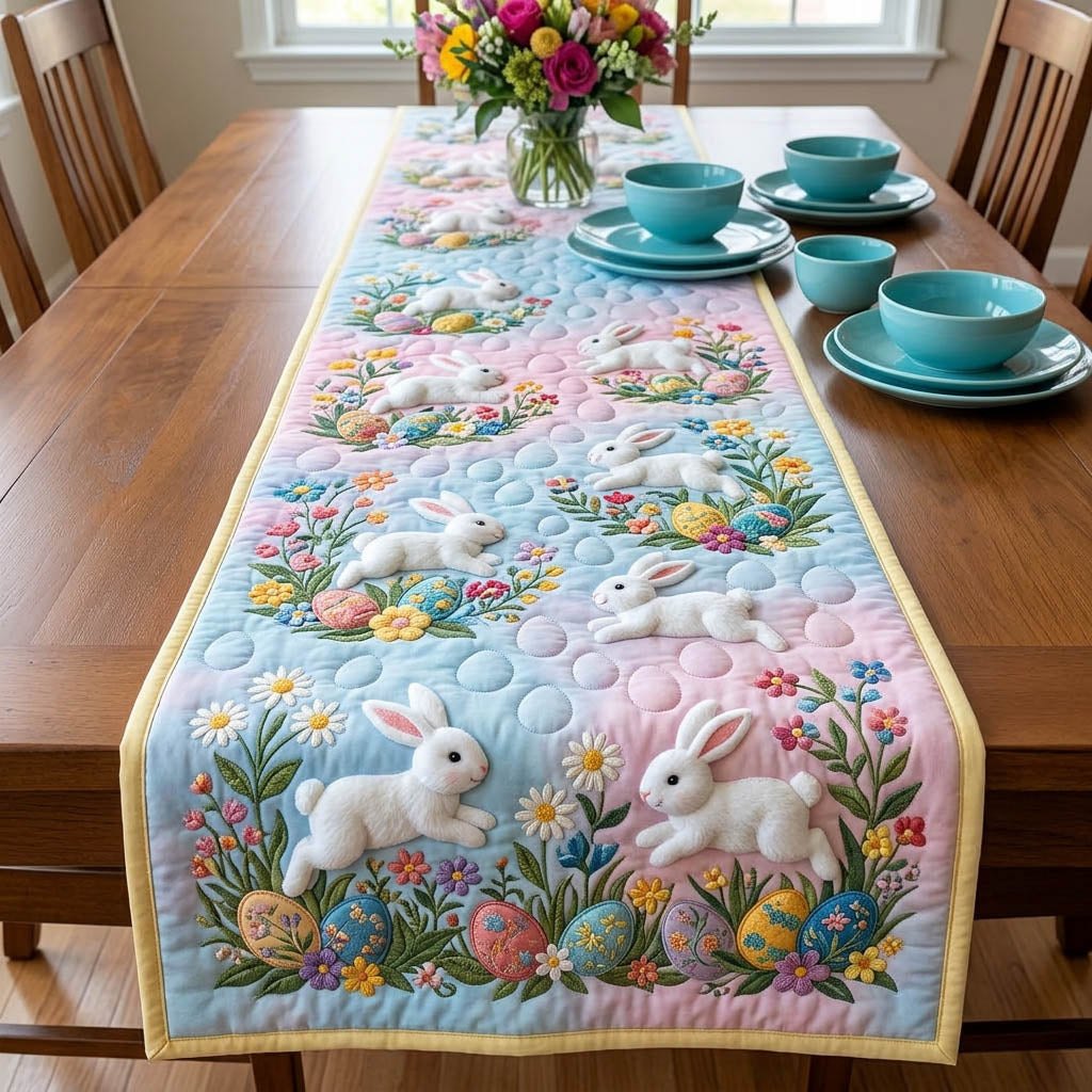 White Bunnies in a Blue Spring Meadow Table Runner