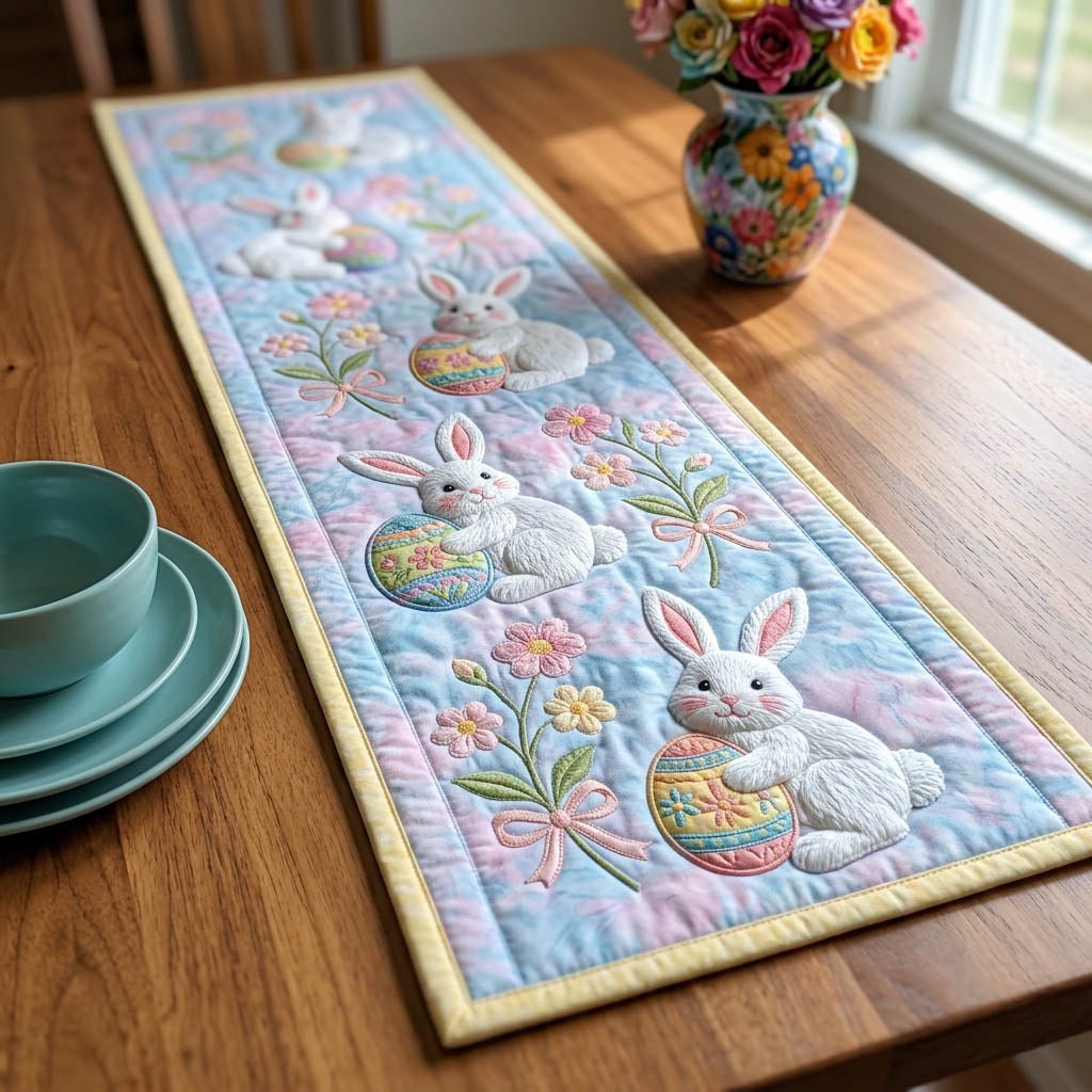 Bunnies and Eggs on Pale Blue Table Runner