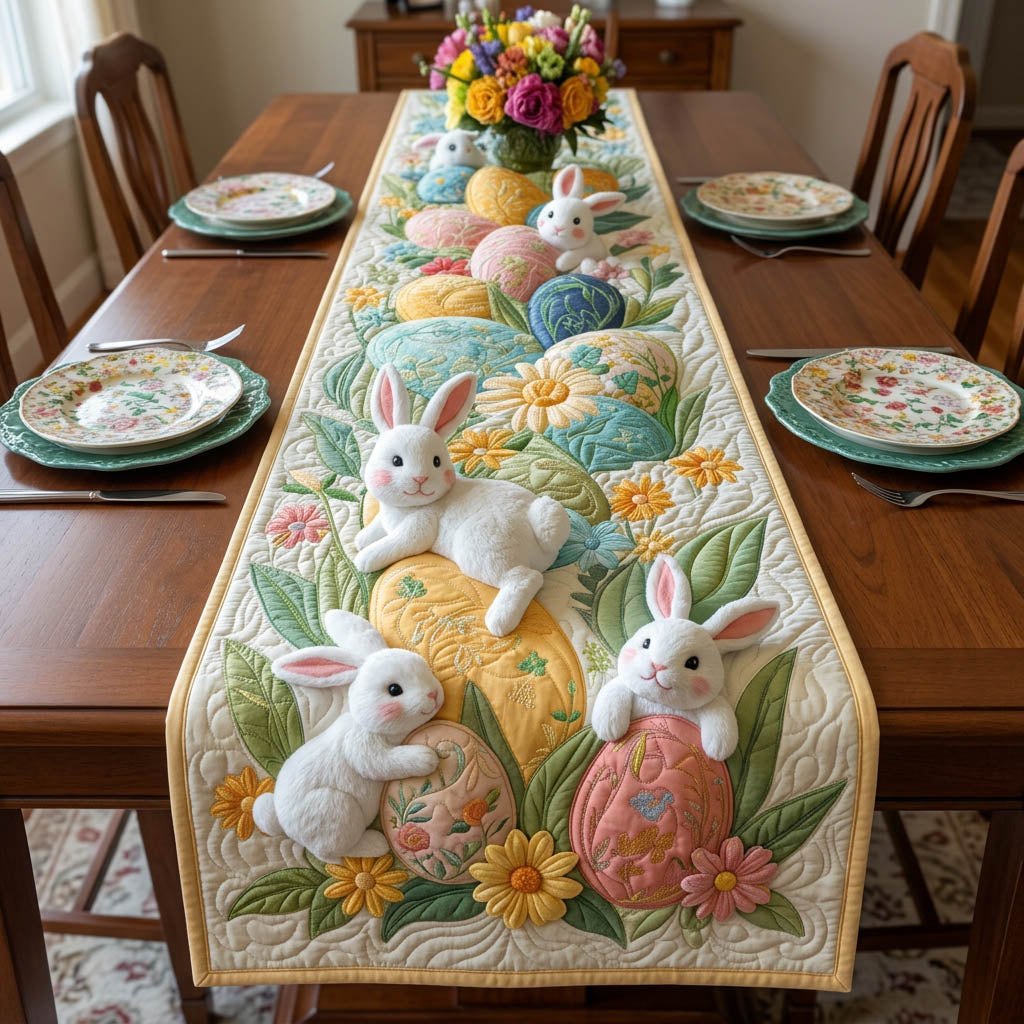 White Bunnies with Pastel Eggs Table Runner